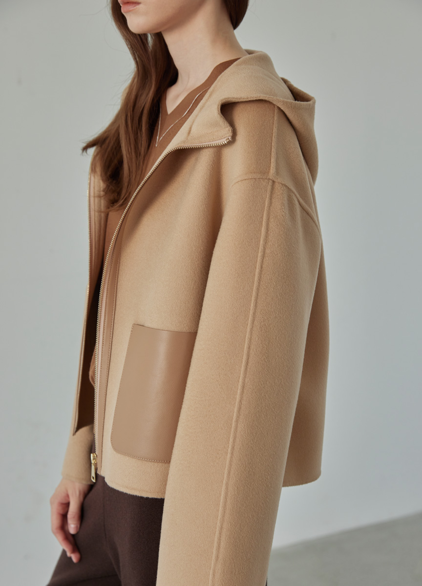 率性拼皮連帽短大衣